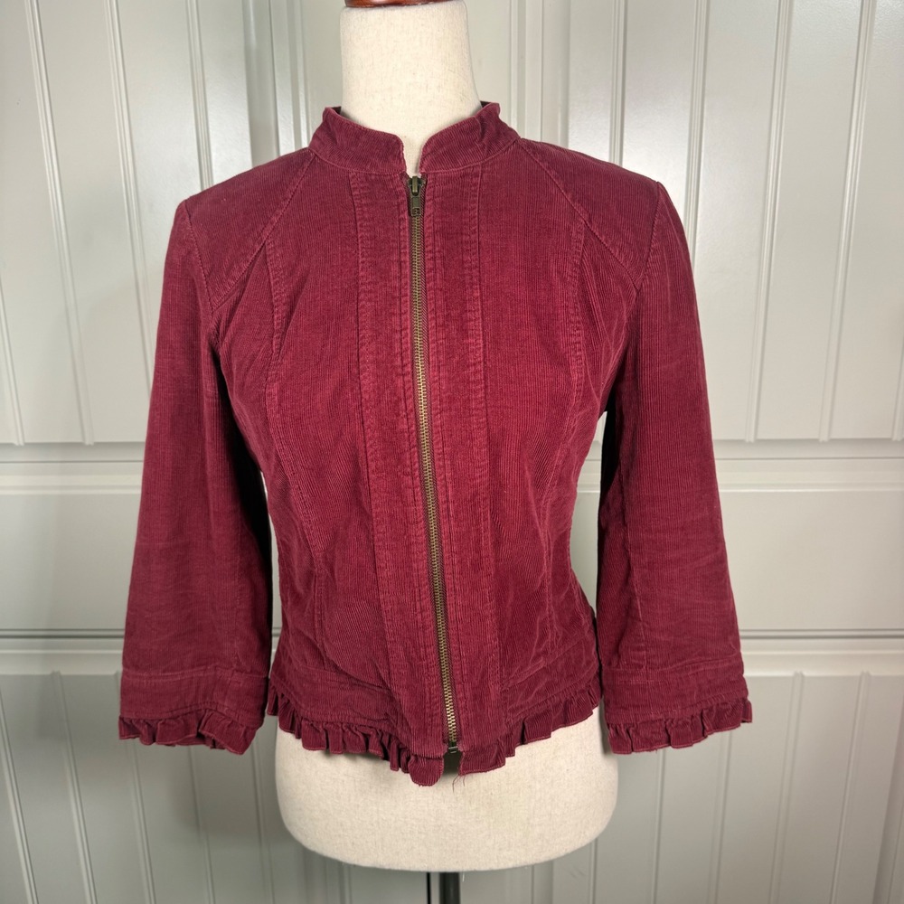 Sandro Corduroy Jacket Womens Size S Burgundy Cotton Boho Ruffle Hem Zip Up Coat